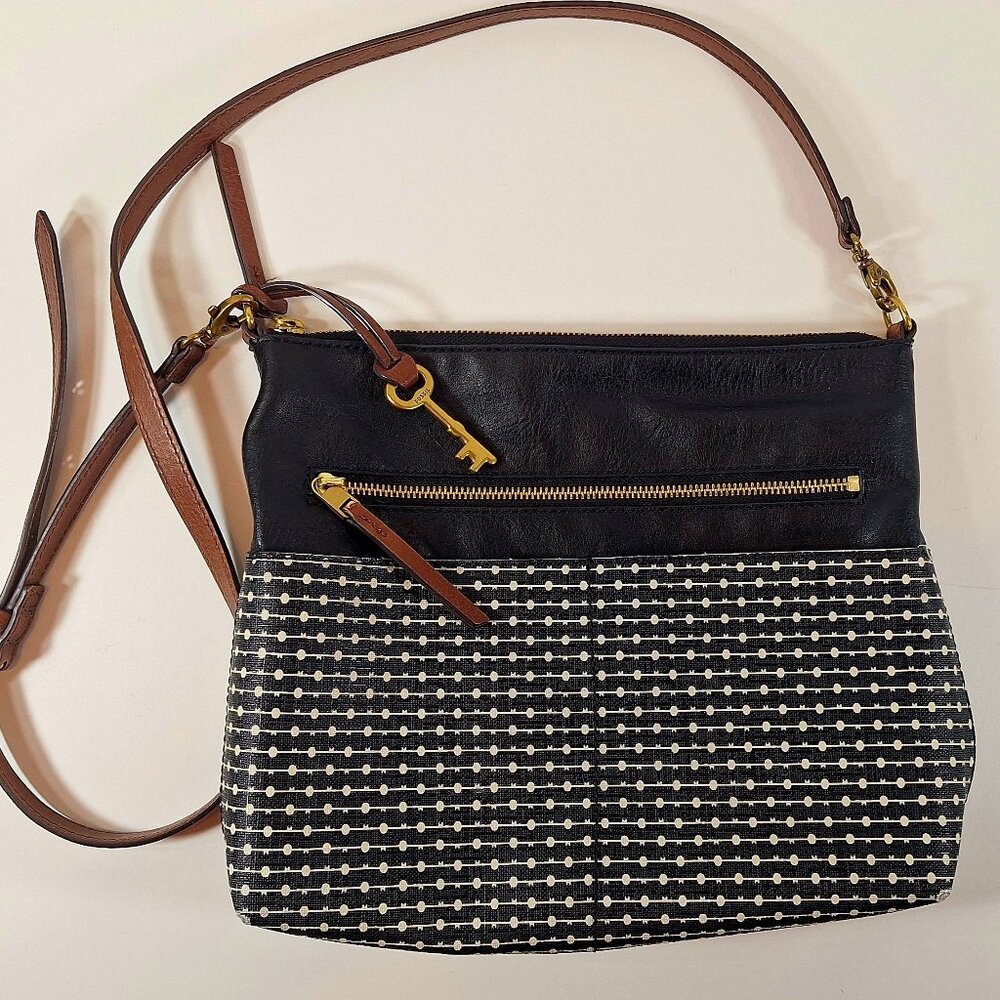 Fossil Fiona Geometric Pattern Crossbody Black Wh… - image 1